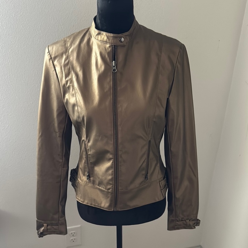 Etam antique gold faux leather moto jacket Sz UK 10 US 6 S-M‎